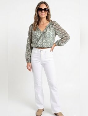 ZARA Beige & Blue Printed V-Neck Long Sleeve Top